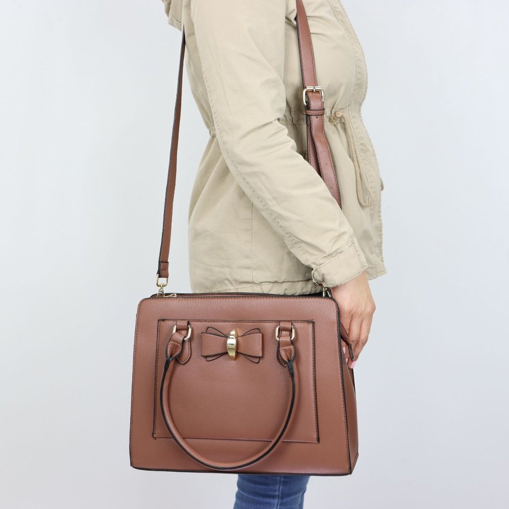 Brown Faux Leather Purse Cute Bow Accent Tote Cross Body Shoulder Hand Bag - Picture 8 of 12